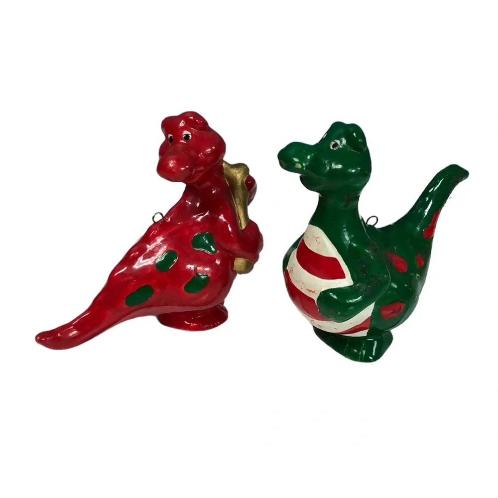 Lot of 2 vintage dragon dinosaur hand‎ painted Christmas ornaments RARE